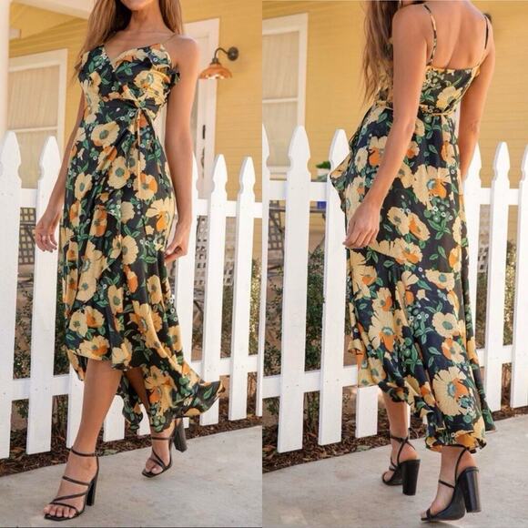 NWT Lulu's Perfectly Curated Black Floral Print Ruffled High-LowWrap Dress XL - Picture 3 of 14